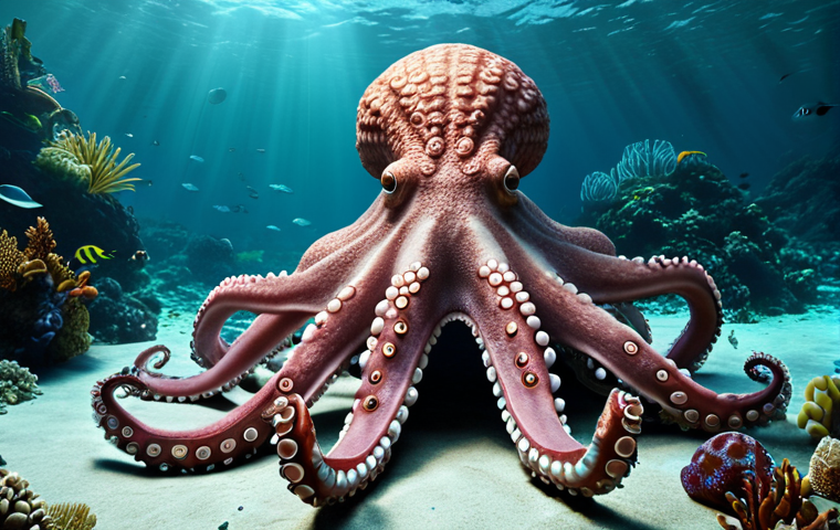 Octopod exterior, blending with undersea terrain, resembling a giant octopus, emphasizing stability and integration with nature.